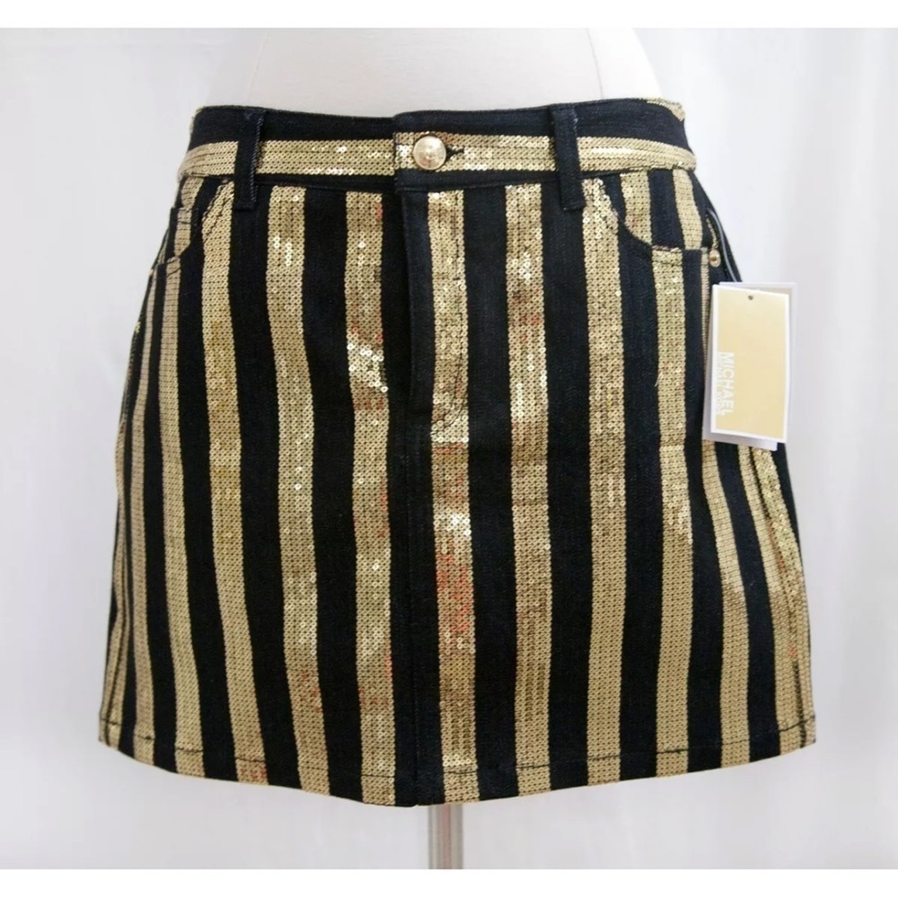Gorgeous Michael Kors Black & Gold Sequin Stripe
Denim Mini Skirt NWT Sz.4 - Picture 2 of 7